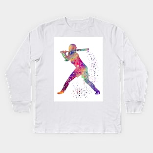 Baseball Batter Girl Colorful Watercolor Silhouette Kids Long Sleeve T-Shirt